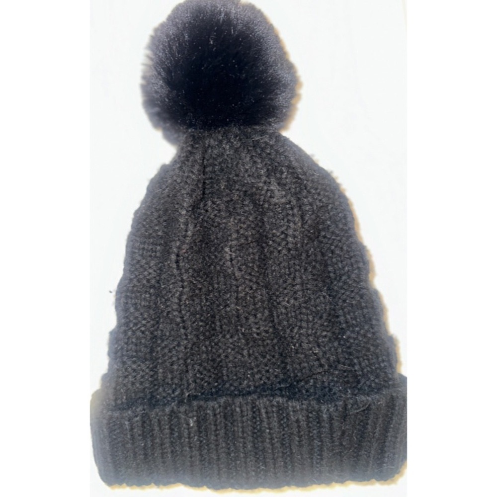 Black Knitted Uggs Style Winter Hat Cable Knit Faux Fur Pom Pom Beanie